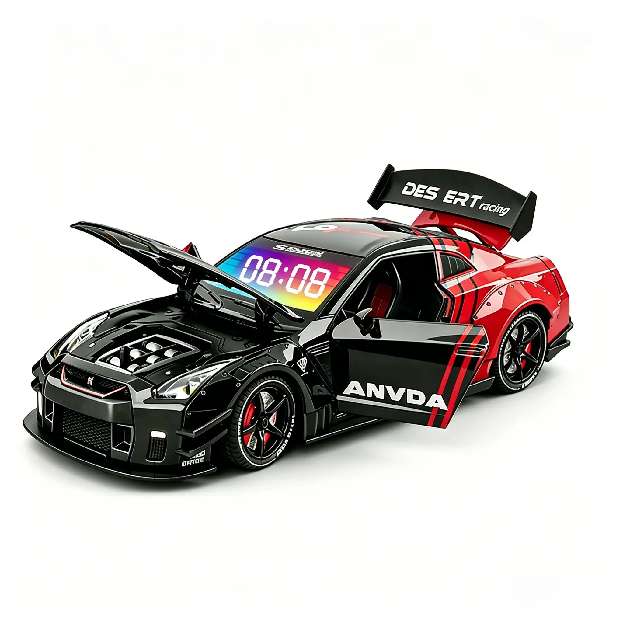 Racing Theme Digital Alarm Clock - High-End Cast Metal Alloy Casing Bedside Decor Clock with Car Lights, Engine Roar, Exhaust Spray Functions, Universal No-Battery Perfect Birthday Gift for Children, Car Enthusiasts