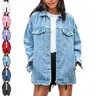 Buenoble Women’s Oversized Mid-Long Denim Jacket Boyfriend Fit Jean Jacket with Pockets Casual Loose Denim Coat