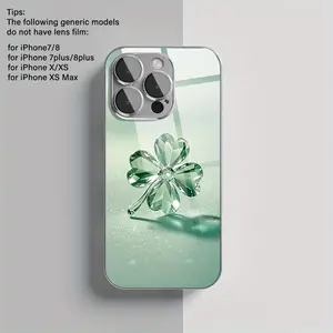 Simple Green Crystal Four-Leaf Clover Pattern Phone Case PC + TPU + Glass Material, Shockproof Electroplated Glass Texture, Suitable for 17/16/15/14/13/12/11 PRO PROMAX PLUS AIR, Ideal Gift for Friends and Family, DDBLK44