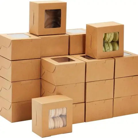 Kraft Paper Baking Box, 10/20/50pcs Disposable Pastry Box with Display Window, Suitable for Mini Cakes Cupcakes Cookies Desserts Donuts Pastries, Baking Supplies