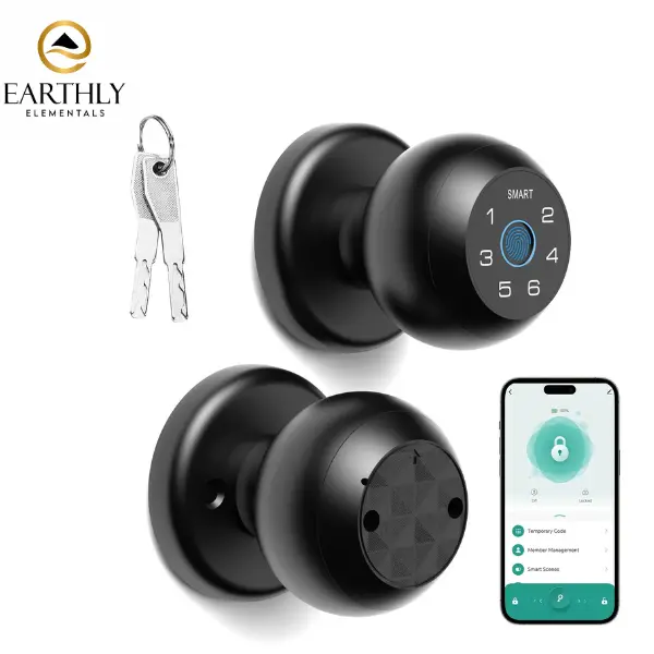 Earthly Elementals Smart Fingerprint Door Lock with App Control, Touchscreen Keypad, Passcode & Key Unlock, Bluetooth Indoor Door Lock, Reversible Handle for Wood, Glass & Metal Doors fast biometric sensor