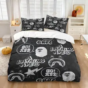 BAPE Baby Milo Classic Ape Head Logo Duvet Cover Set, Street Black and White Graffiti Style Design, Soft Comfort Bedding, Includes 1 Quilt Cover and 1/2 Pillowcase, HypebeastStyle Cool Home Bedroom Decor