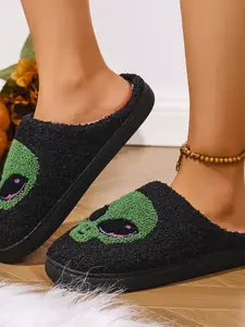 👽Alien Style Plush Slippers, Lightweight Soft Teddy Fleece, Cool Alien Embroidery, Thick Lined, Anti-Slip Sole, Y2K Winter Home Comfort