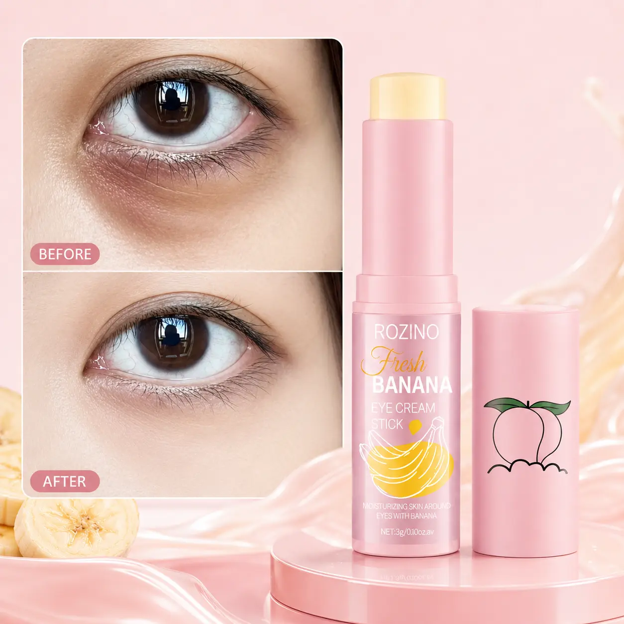 3-pack ROZINO Banana Eye Cream Stick - Hydrating & Brightening Under Eye Care Balm, Portable Moisturizing Eye Treatment 3g
