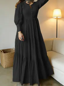 Women's Elegant Solid Color Fitted Ruffled Dress, V Neck Long Sleeve Lantern Sleeves, Wooden Trim Half Button Design, Perfect for Daily