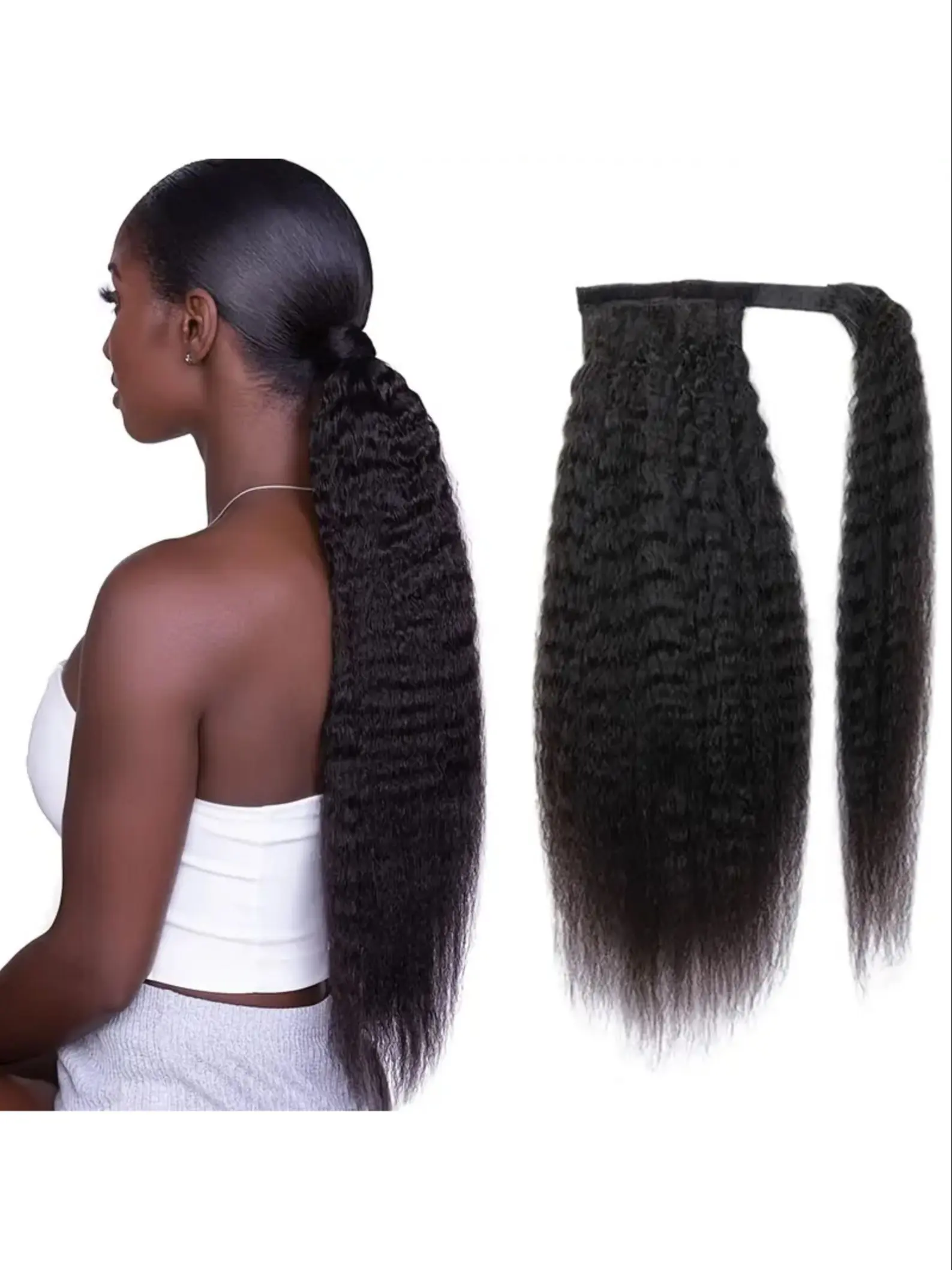 Human Hair Kinky Straight Ponytail Extension, 16-22 Inch Premium Human Hair Natural Brazilian Hair, Clip-In Glueless Extensions for Everyday & Special Events, Real Hair Extensions