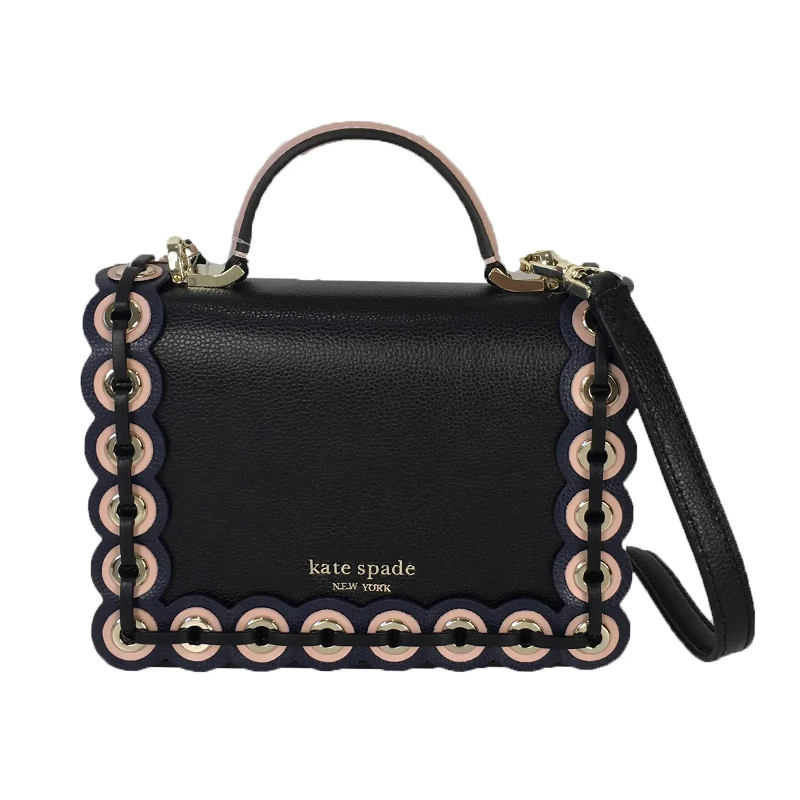 Kate Spade Grommet Maisie Colorblock Leather Satchel - Purses Crossbody Bag with Adjustable Shoulder Strap, Black/Blush Pink, Adjustable Strap, Crossbody Bags