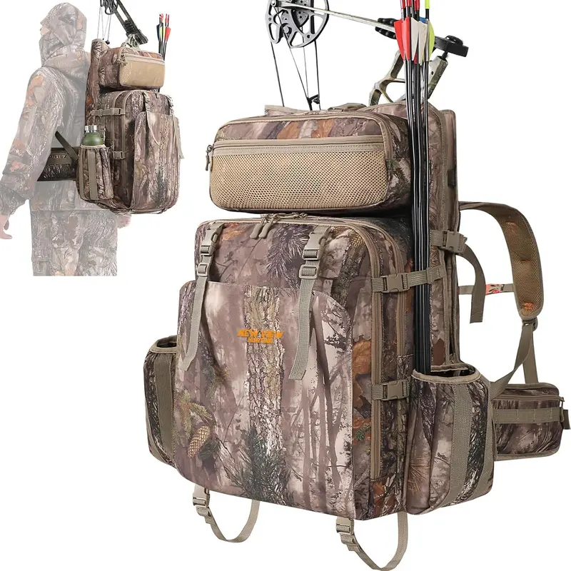 NEW VIEW Adults' 4.5 lbs Camo Leaf Waterproof Saddle Hunting Backpack - Tree Stand, Bow Compartment, Saddle Strap Fit, Easy-Carry Platform & Sticks, 13 Pockets, Adjustable Waist Belt, Elk Deer Hunt Gear