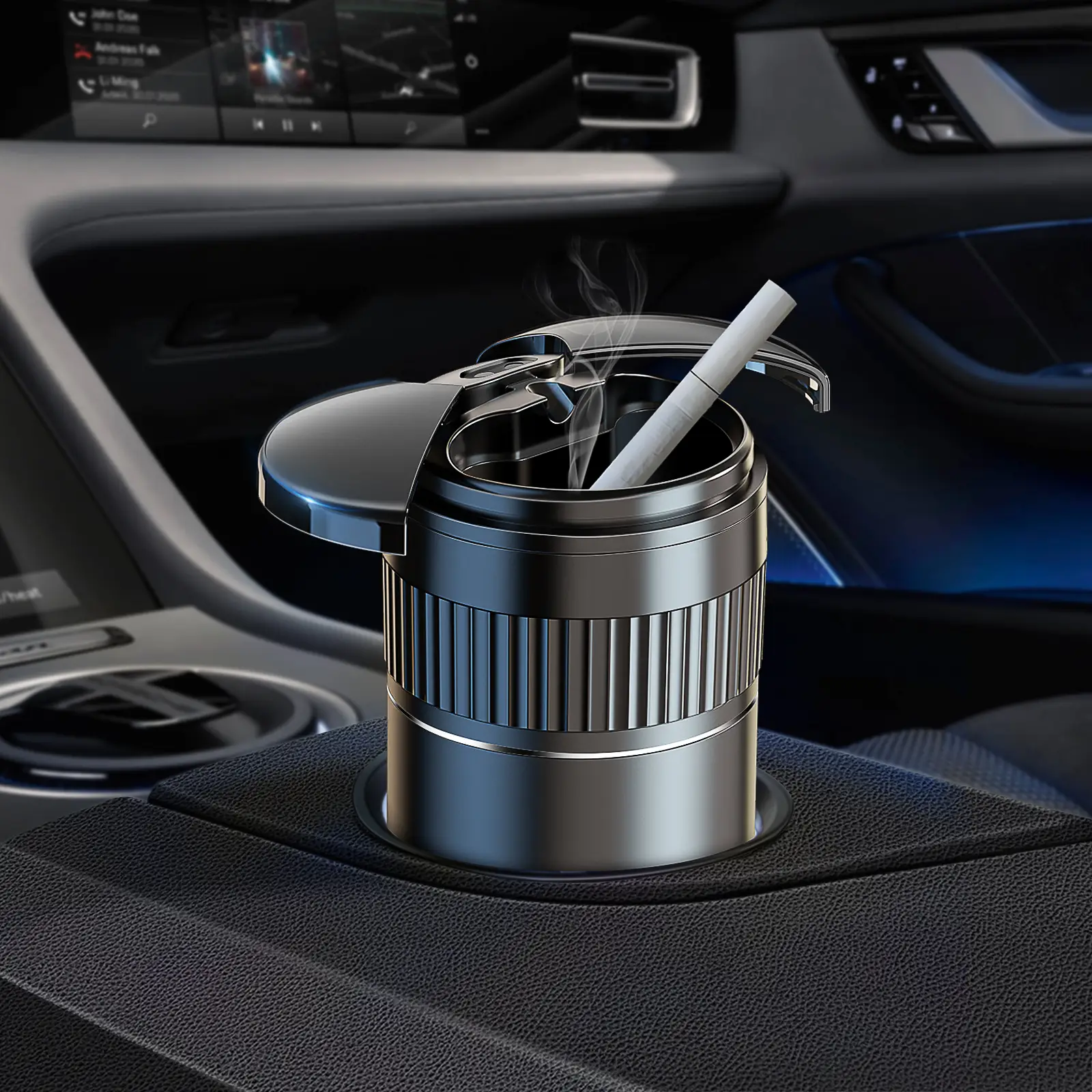Car Smart Stainless Steel Ashtray with Automatic Opening and Closing Infrared Sensor and USB Rechargeable Smokeless Light-Sensitive Mirror Ashtray Wit