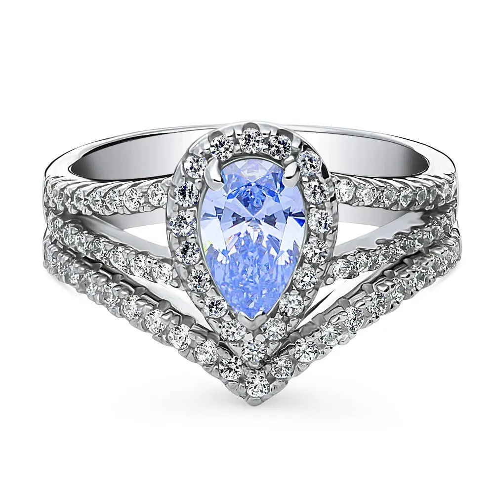 BERRICLE Sterling Silver Halo Wishbone Engagement Promise Rings Statement Stackable Band Split Shank Ring Set for Her, Blue Pear Cut Cubic Zirconia CZ