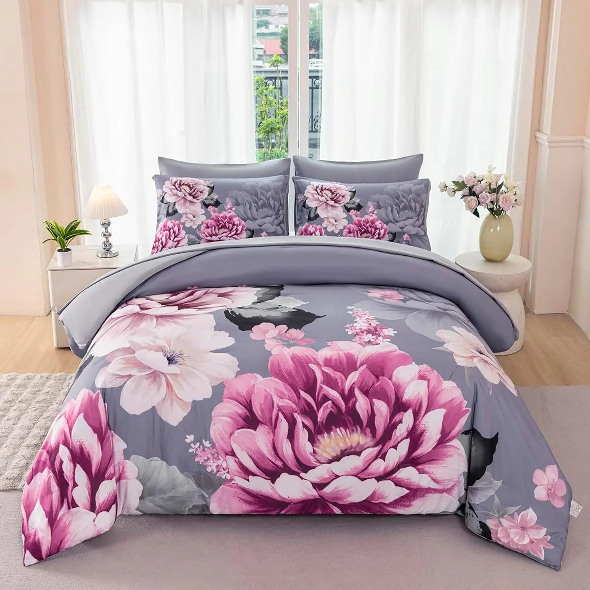 Pink Floral Comforter Set Full Size Gray Bedding Comforter Sets Botanical Flower Bed Sets Colorful Fluffy 7 count Bed in A Bag for Women Adults(Gray, Full)