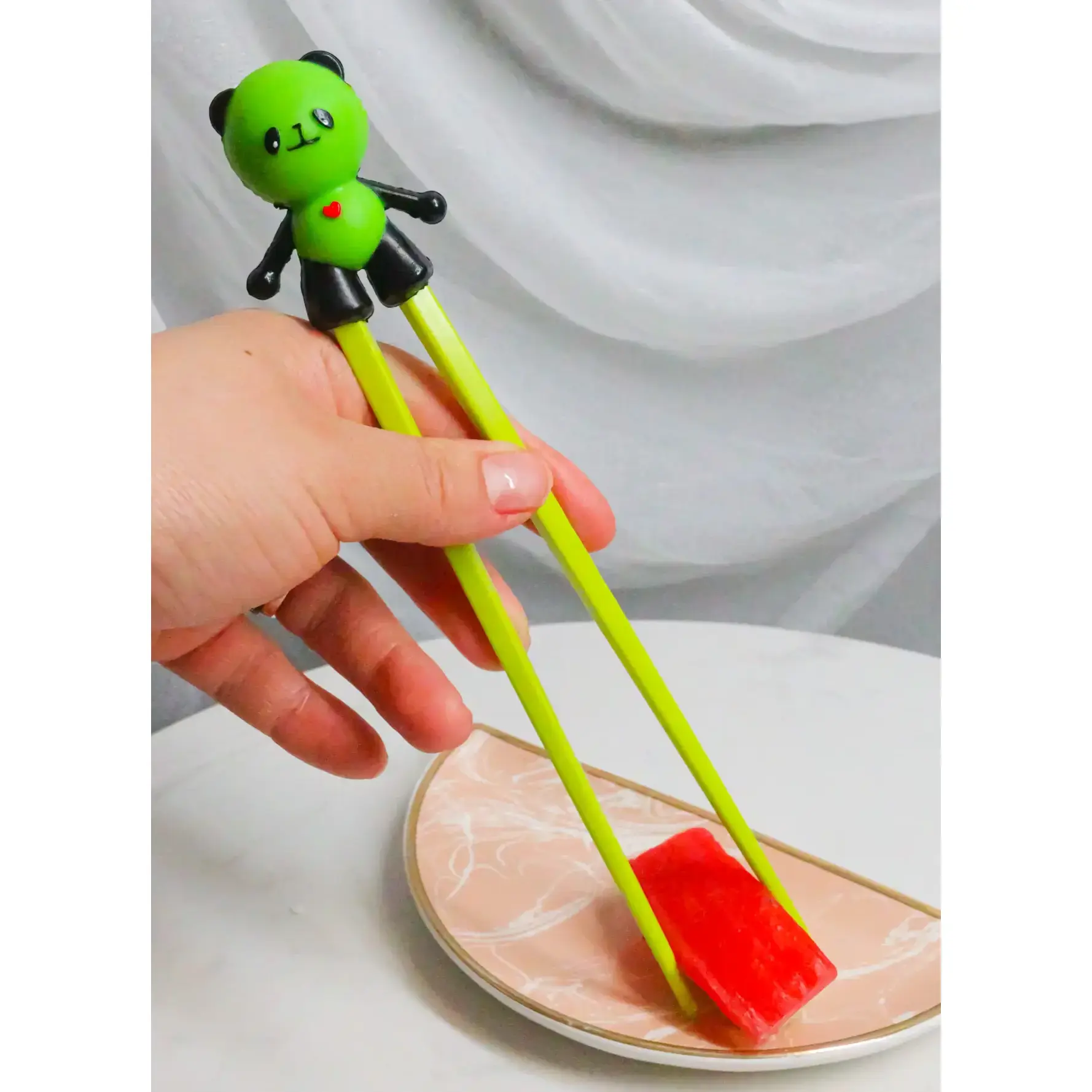 Kids' Green Love Panda Bear Reusable Training Chopsticks Set - 8.5 in Fun Decorative Cutlery with Silicone Helper, Home Supplies Tableware