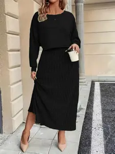 Women's Plus Size Plain Solid Long Sleeve Top Dress Set, Casual Wear, Fitted Knit for Fall & Winter, Comfortable Medium Fabric