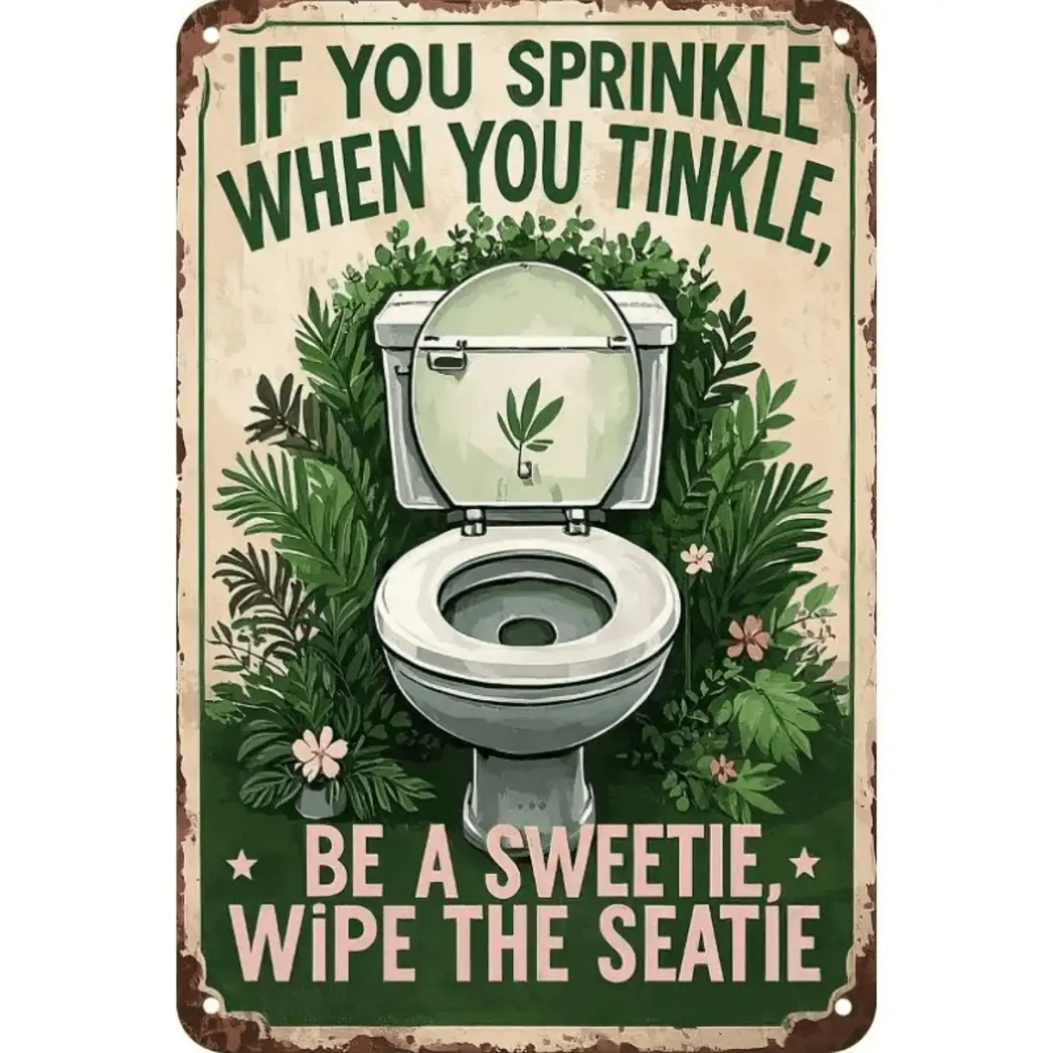 Funny Bathroom Metal Sign - Rustic 8x12 Inch Heavy-Duty Tinplate Toilet Humor Wall Art Plaque, "If You Sprinkle When You Tinkle" Quote, Leaf Toilet Paper Design, UV-Resistant Vintage Restroom Decor for Easy Install
