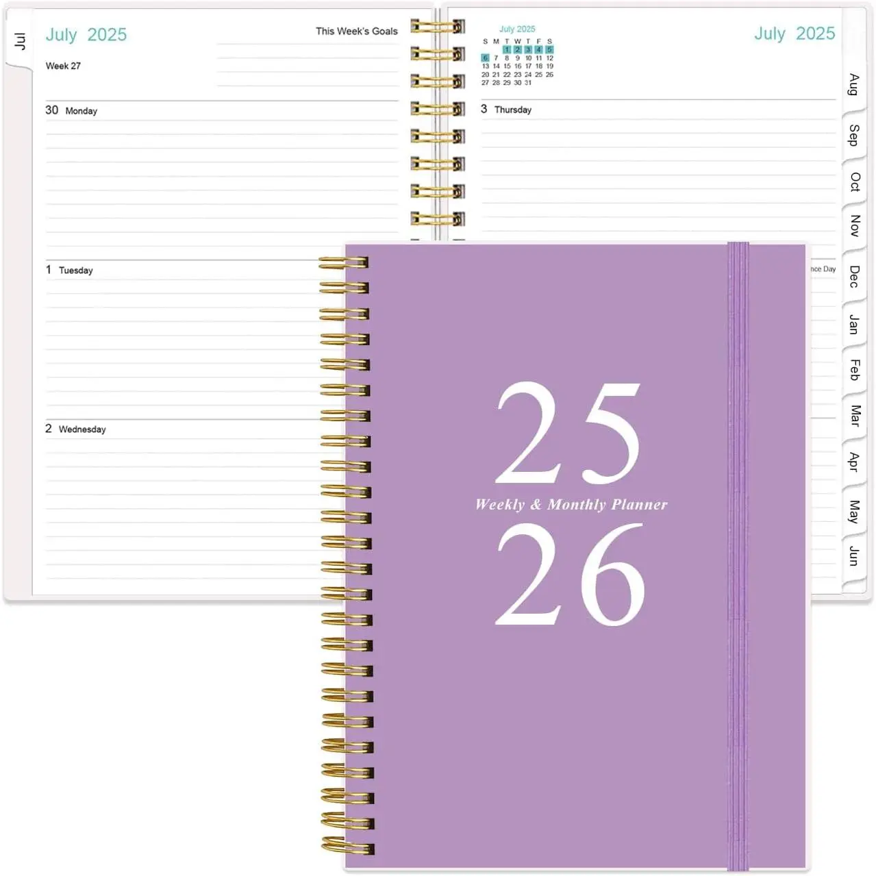 Planner 2025-2026 - A5 Weekly & Monthly Planner Spiral Bound, July 2025 - June 2026, Academic Planner 2025-2026 with Flexible Cover, Tabs, Inner Pocket, 6.4" x 8.5", Purple