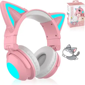 Cat Ear Bluetooth Headphones for Kids & Adults,Lightweight Gaming Headset with RGB Lighting,Wireless Over Ear Headphones with Mic for iPhone/iPad/Laptop/PC