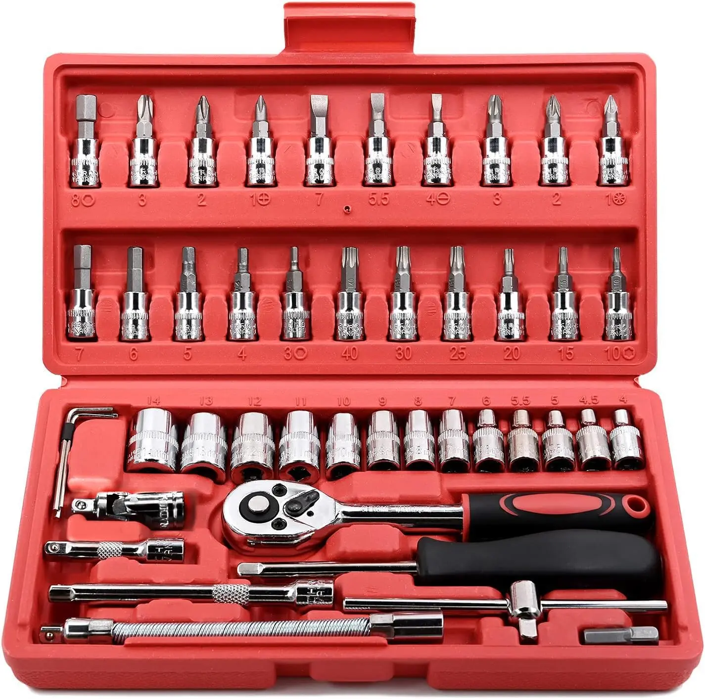 46 Pieces 1/4 inch Drive Socket Ratchet Wrench Set, with Bit Socket Set Metric and Extension Bar for Auto Repairing and Household, with Storage Case Universal Magnetic Spark Plug
