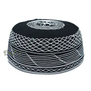 Islamic Kufi Hat | 3" Tall Black Cotton-blend Cap with White Embroidery