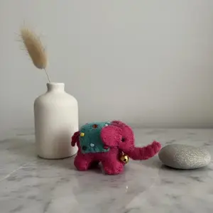 Handmade Bold Pink Felt Elephant Keychain with Bell, Needle Felted Animal Bag Charm