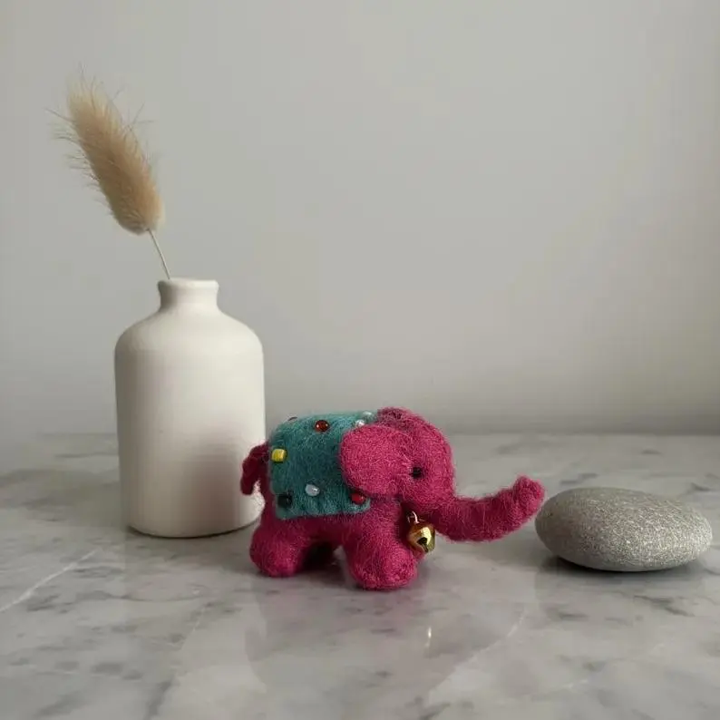Cute Pink Elephant Keychain, 100% Handmade Wool Felt Bag Charm with Beaded Details and Gold Bell, Small Animal Lover Gift - 2.5in, Handmade Craft, Elephant Form, Small Size, 2 To 2.9 In, 2.5In X 1.75In, Daily