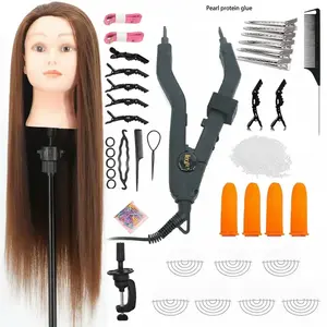 Hair Training Head & Keratin Glue Tool Set, Hair Extensions Tape, with Adjustable Mini Heating Iron, Braiding Accessories, Clips, Combs, and Hair Pads for Salon Use