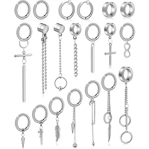 20 count Clip On  Earrings for Men - Dangle Hoop Sterling Non Pierced  Piercings - Stainless Steel
