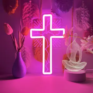 Pink Cross Neon Sign, Pink, 13in, Without Inner Electricity, USB Powered With Button Switch, For Cross Wall Stickers, Home Decoration Night Light