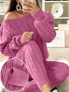 Two-Piece Set for Autumn and Winter, Long Sleeve Pullover Soft Crop Sweater with Knit Long Pants, Casual Minimalist for Everyday Wear Womenswear