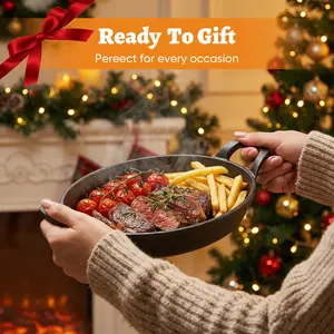 Oval Cast Iron Skillet Set with Wooden Trays, Non-Stick Mini Serving Pan for Steak & Baking