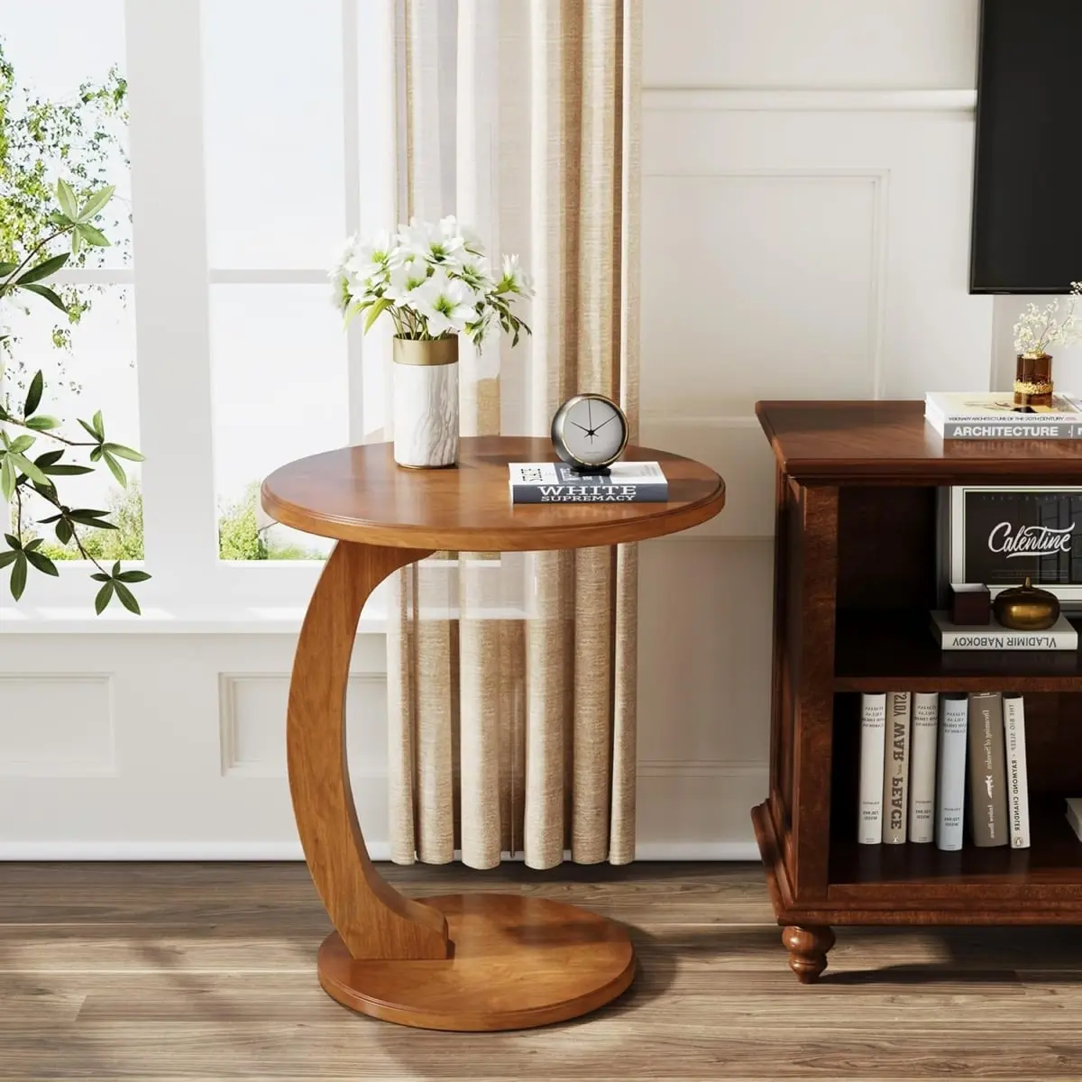 212 MAIN Emoottoo TB-1829 18.9 in. Round C-Shaped Vintage Brown Solid Wood Veneer End Table - Waterproof Top, Easy Setup, Compact, Grain Texture, Retro Boho Nightstand