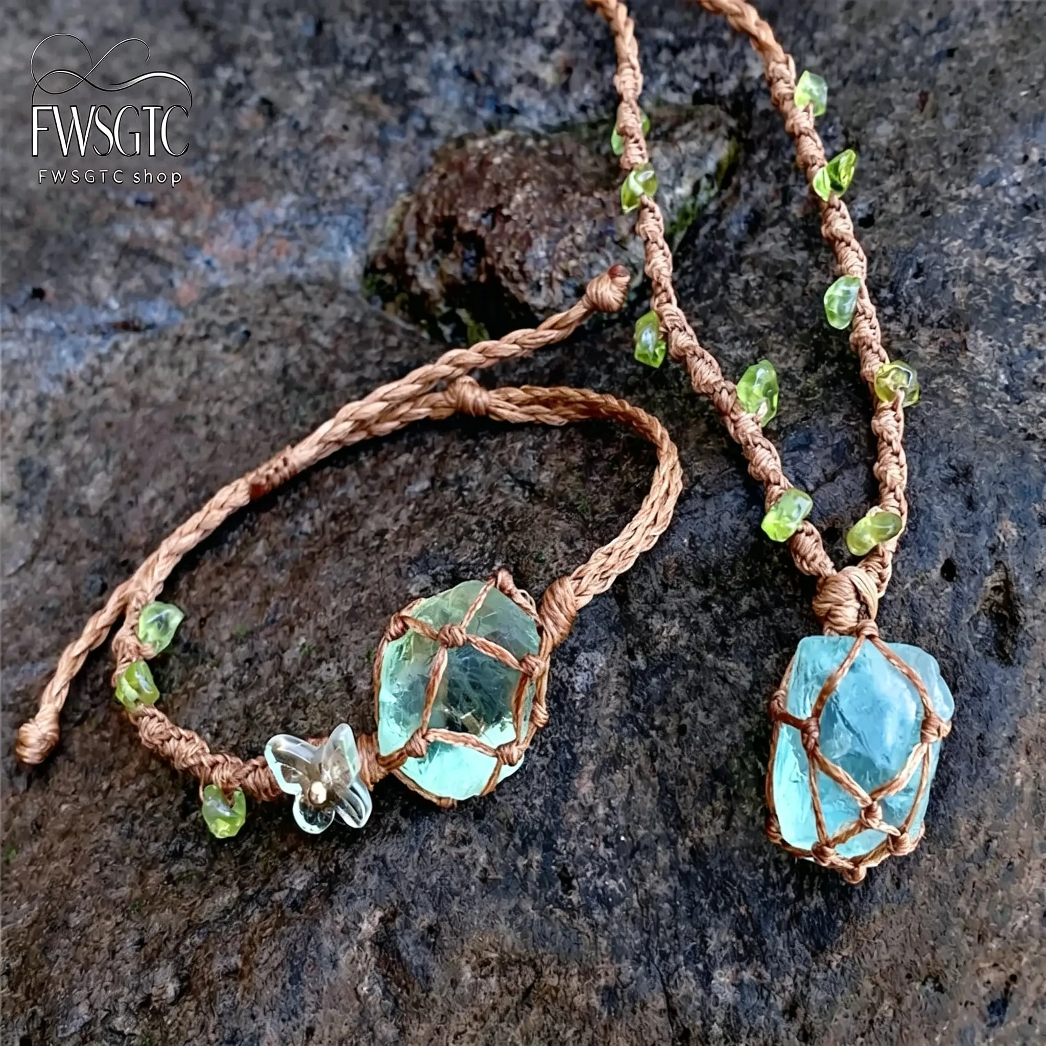 Nature Themed Handmade Macrame Fluorite Jewelry Set for Women, Vine Style Net Pocket Wrapped Raw Crystal Necklace & Bracelet, Flexible Adjustable Cord Boho Healing Decor, Delicate Present Choice for Nature Lovers and Daily Bohemian Outfit Styling