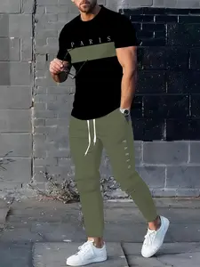 Men's Casual Sportswear Set, Fashion Graphic T-Shirt with Long Pants, Comfortable Breathable Trendy, Ideal for Daily Wear, Athleisure Sportswear Set