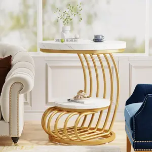 Emoottoo TB-NY097 19.68 in. Modern Round End Table with 2-Tier Storage - Faux Marble & Accent Table - White & Gold