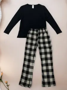 Girl's Long Sleeve Tee & Plaid Print Pants Pajama Two-Piece Set, Casual Comfy Round Neck Top & Trousers PJ Set, Kids Loose Fit Sleepwear, Casual Pajamas Set for Spring & Fall
