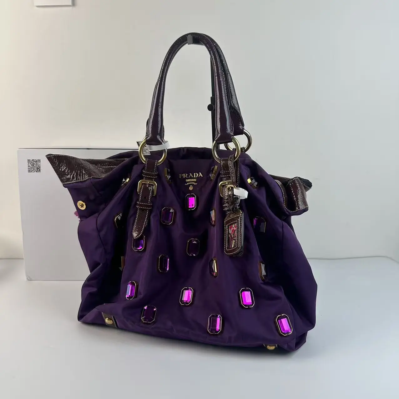 Pre-owned PRADA Purple Re Nylon Crystal Embellished Large Tote Handbag with Patent Leather Handles