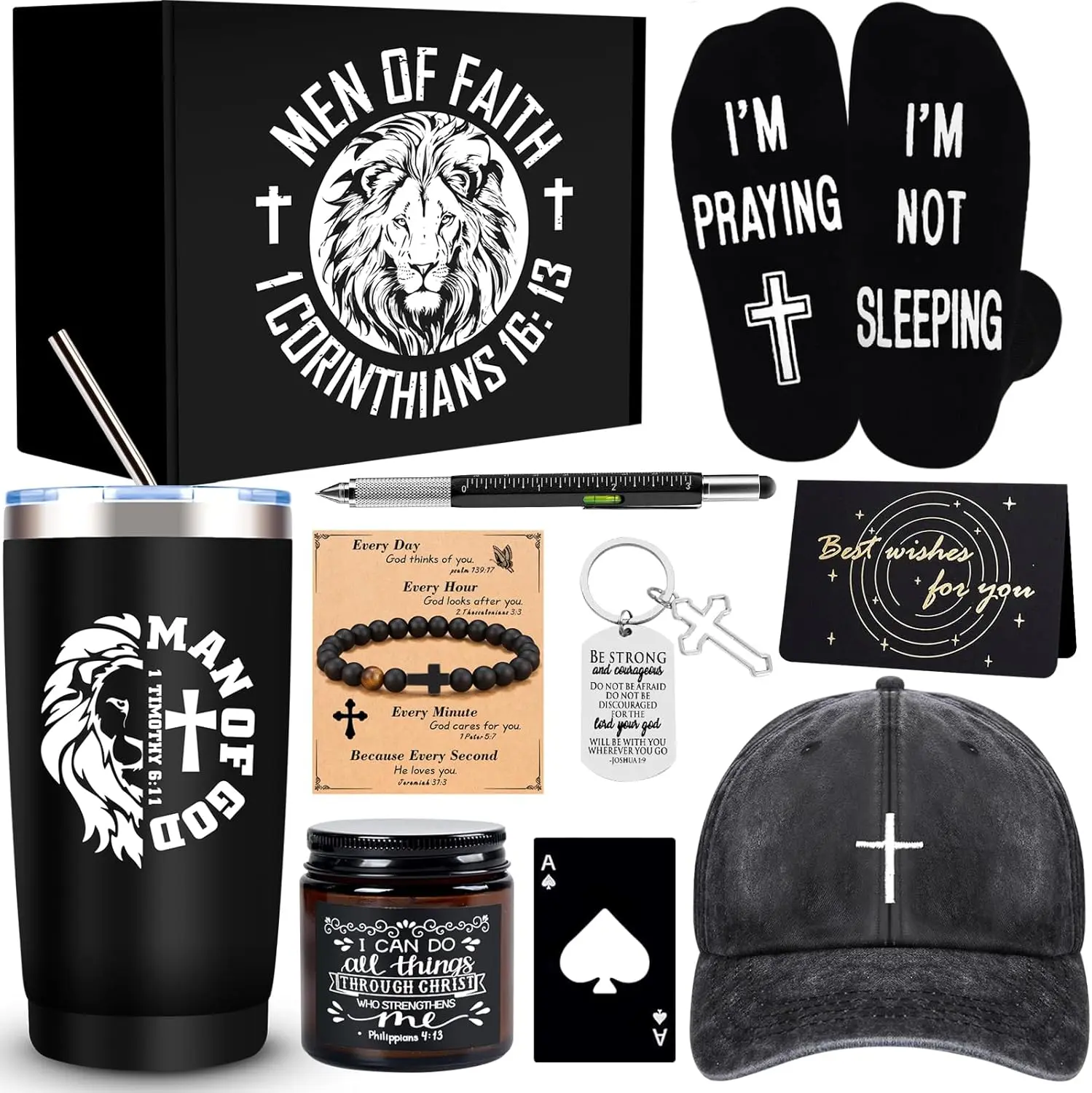 Christian Gifts for Men - 10 Pcs Faith-Inspired Set with "Men of Faith" Tumbler, Cross Hat, Socks, Bracelet, Candle, Keychain, Pen - Ideal for Dad, Husband, Grandpa, Male Friends, Coworker