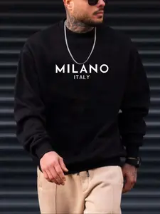 Men's Round Neck Sweatshirt Milan City Letter Print, Loose Casual Style, Comfortable Skin-Friendly Fabric, Daily Commute Trendy Item