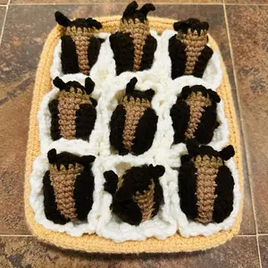 Handmade crocheted Coraline cocoa beetles