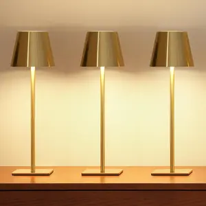 3 Pack Cordless Table Lamp, Battery Operated Lamp - Portable Waterproof Rechargeable Table Lamp w/ 3 Color Temps & Stepless Dimming for Dinner, Desk, Cafe, Outdoor (Brushed Gold)