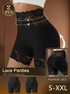 Women's 2 Pcs High Waist Lace Boyshorts - Soft Breathable Lace Panties with Tummy Control, Seamless Comfort Underwear for Daily Wear, Sexy Short Style Knickers for Women S-XXL