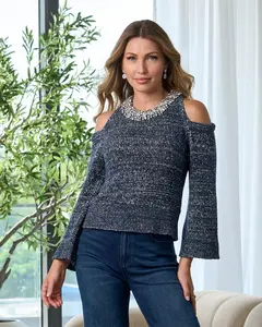 Embellished Neckline Cold Shoulder Sweater Navy