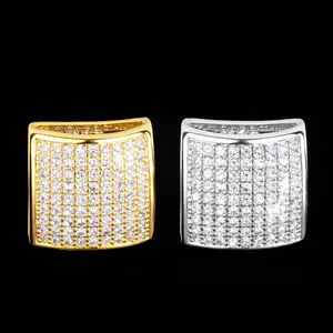 12MM Square Men Women Stud Earring Gold Color Iced Cubic Zircon Screw Back Earrings Hip Hop Jewelry