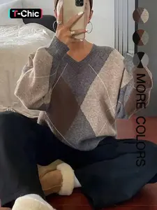 Women's V Neck Knit Sweater, Fall Winter Casual Fashion, Colorblock Plaid Design, Soft Comfortable Fabric, Elegant College Style Top, Casual Fashion Jumper