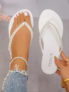 Women's Fashionable Faux Pearl Decorated Slides, Casual Comfortable Flat Slippers for Beach, Lightweight Breathable Slides for Indoor & Outdoor Wear, Walking Shoes, Beaded Sandals