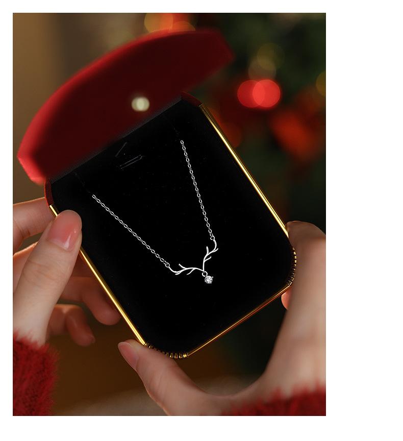 SheLuxeLife | S925 Sterling Silver "One Deer with You" Deer Antler Necklace for Women – Fresh Forest Style, Elegant Collarbone Chain, Christmas Gift