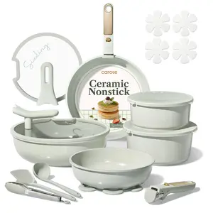 [Official] CAROTE Macaron Color 20Pcs Ceramic Cookware Set Stand-Up Lid with Detachable Handle Set, Non Stick Pots and Pans Set Non Toxic, PFAS Free