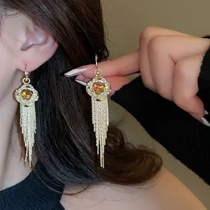 Unique Blue Zircon Heart of the Ocean Tassel Earrings for Women DDES0436 Exquisite Light Luxury Versatile Earrings Colorful Small Square Ear Accessories 14K Gold-Plated