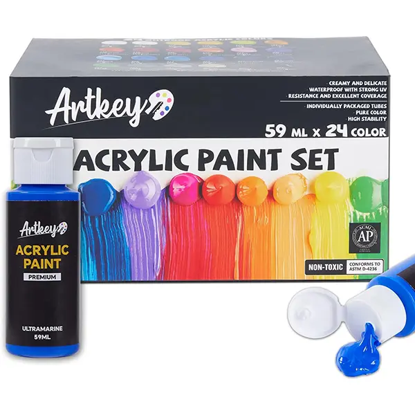 Artkey Acrylic Paint Set, 24 Colors 2 oz/59 ml Acrylic Paint Kit for Professional Artists & Beginners – Craft & Art Supplies for Canvas, Wood, Fabric, Rock, Leather, Ceramic, Glass, Easter Egg