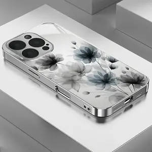 Artistic Black Blue Ink Floral Electroplated Silver Phone Case, Suitable for iPhone 16/16 Plus/16 Pro/16 Pro Max/15/15 Plus/15 Pro/15 Pro Max/14/14 Plus/14 Pro/14 Pro Max/13/13 Pro/13 Pro Max/13 Mini/12/12 Pro, Vintage Phone Case, Textured Phone Case, Exq