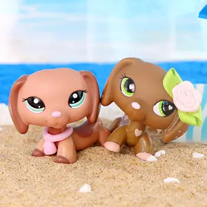 2Pcs Cute Dachshund Dog Figures, Brown & Pink Mini Puppy Toys with Accessories, Bobble Head Pet Dog Collectible Action Figures, Small Animal Toys for Kids, Ideal Birthday Party Gifts for Boys Girls